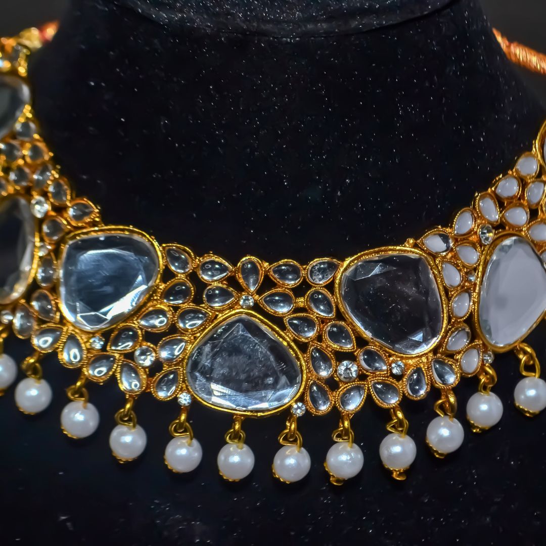 Faux Pearl and Drop Kundan Studded Choker Necklace Set for Women
