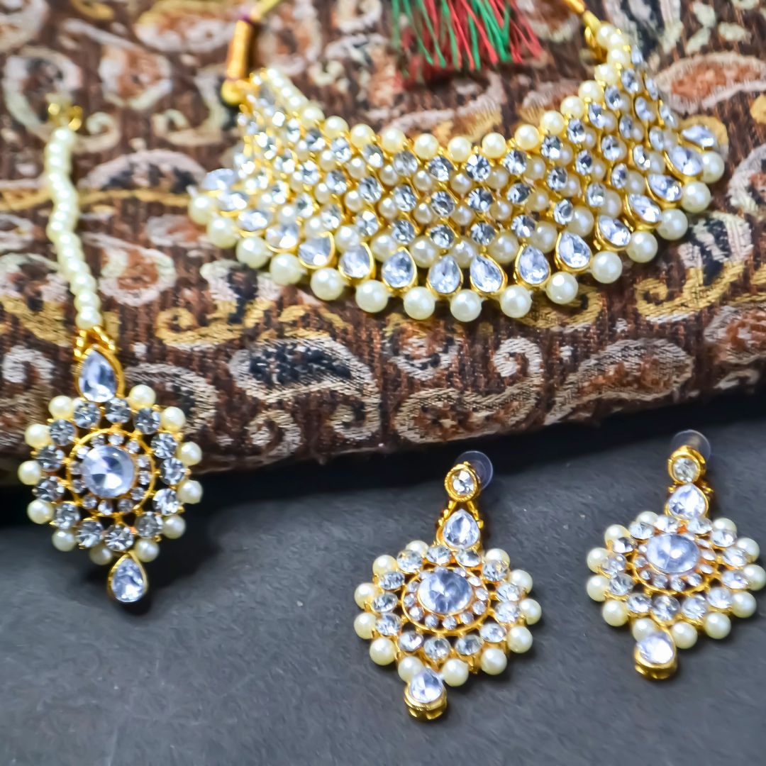 White Faux Pearl with Kundan Choker Set with Earrings and Maang Tikka for Women