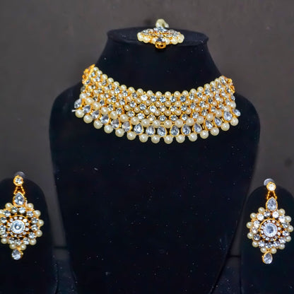 White Faux Pearl with Kundan Choker Set with Earrings and Maang Tikka for Women