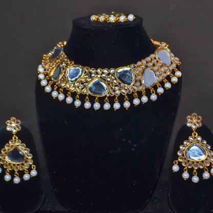 Faux Pearl and Drop Kundan Studded Choker Necklace Set for Women